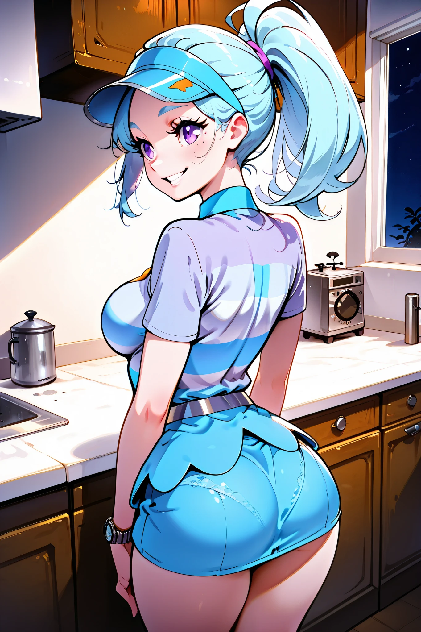  masterpiece, TOP QUALITY, 32K, high definition,  that's ridiculous, medium breasts, ( curvaceous), cute,  eyelashes, bright colors, break  ,,, zz kahiri, light blue hair, purple eyes, short sleeve,  striped shirt,   collared shirt , miniskirt,  Blue Skirt,  knee-high, blue headwear,  visor cap , 1 girl, Alone, , Watch Viewers, smile, detailed eyes,  from behind, teeth,  panties,   night , 1 girl,  stand straight , indoors, kitchen, 
