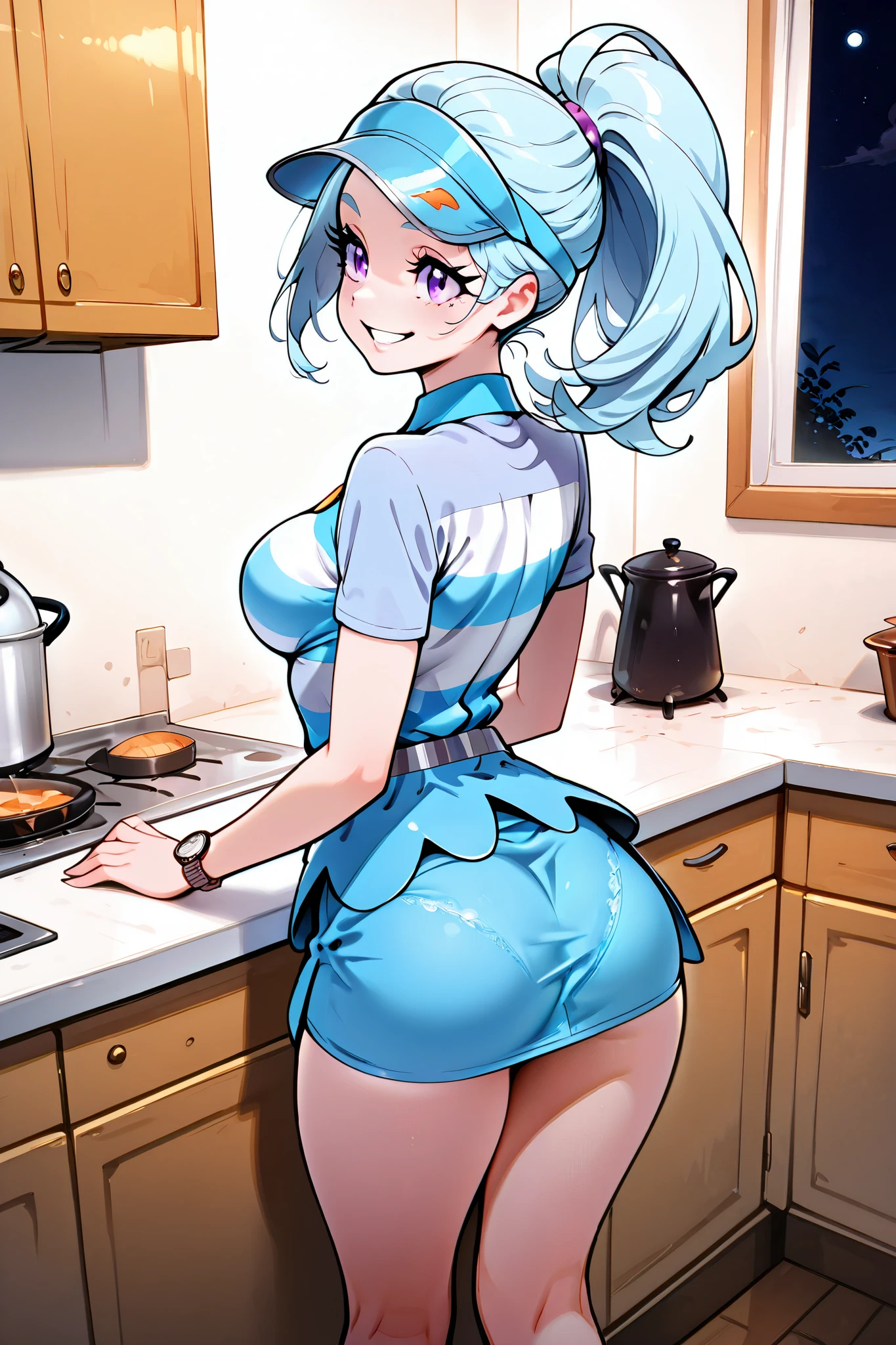 masterpiece, TOP QUALITY, 32K, high definition, that's ridiculous, medium breasts, ( curvaceous), cute, eyelashes, bright colors, break ,,, zz kahiri, light blue hair, purple eyes, short sleeve, striped shirt, collared shirt , miniskirt, Blue Skirt, knee-high, blue headwear, visor cap , 1 girl, Alone, , Watch Viewers, smile, detailed eyes, from behind, teeth, panties, night , 1 girl, stand straight , indoors, kitchen,