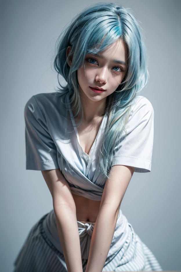(Masterpiece), (Best Quality), (Super Detail), (disheveled Hair), (Illustration), (One Girl), (Fashionable Clothes), Standing, Fashion Model, Beholder, (Interview), (Simple Background), Finely Beautiful Eyes, Delicate Beautiful Face, Floating, (High Saturation), (Colorful Splash), Colorful Bubble, (Shine), Focus on the Face, Ponytail, Light Blue Hair, Bangs, Hair Rings, Floating Flowers, Floating Hairs, (Shining), Best Lighting, Best Shadows