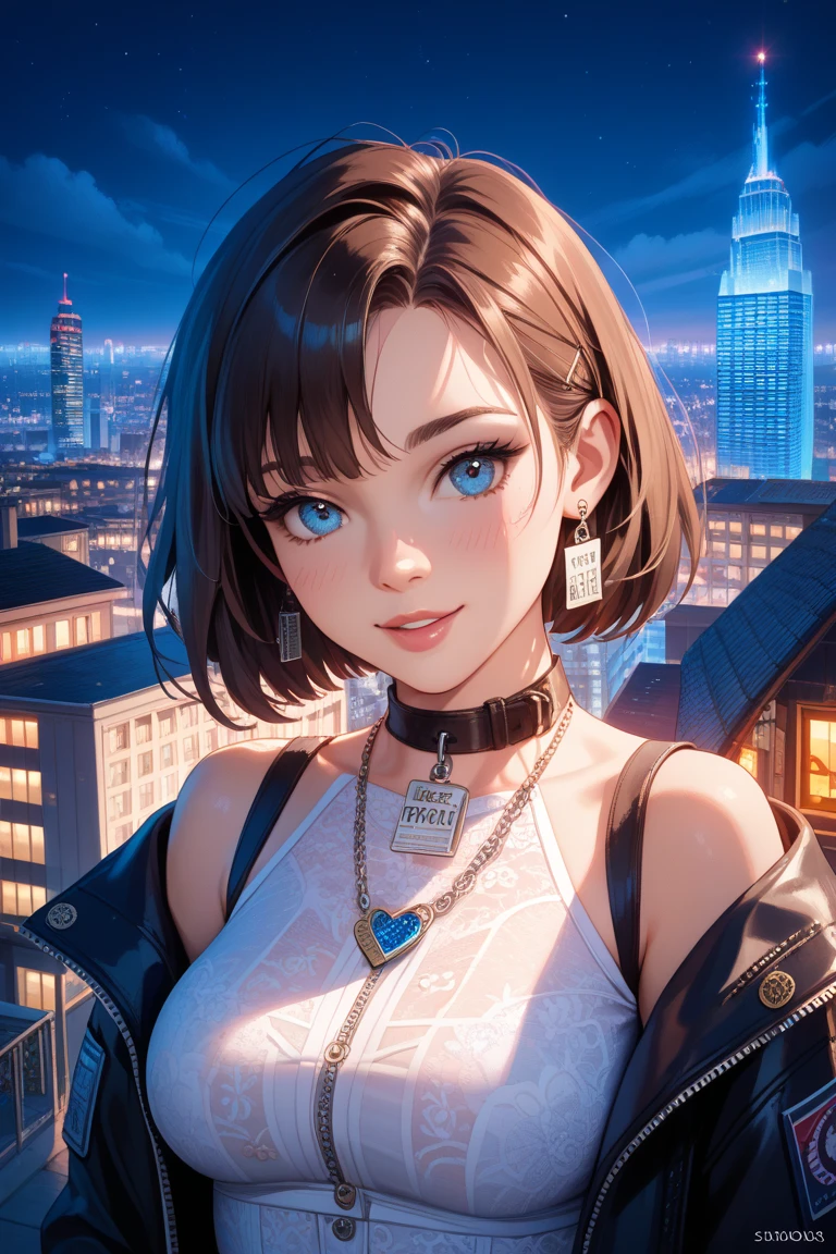 Top quality, realistic, night city, neon lights, backlit, upper body, focus on lips, (1 adult female), small breasts, short hair, shiny red lips, closed mouth, sexy pose, blue topaz eyes, slanted eyes, smiling face, cleavage, nylon jacket, detailed pattern, loose fitting t-shirt