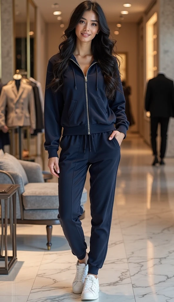 *"A high-quality, full-body digital image of a stunningly beautiful young woman with European features, light skin, and long, flowing black hair, standing elegantly in a luxurious high-end boutique. She has a confident yet relaxed expression, exuding charm and sophistication. Her hair cascades naturally over her shoulders, adding to her glamorous and polished look.
The woman has a well-proportioned figure with a natural, feminine silhouette, including a full bust (approximately a third size) that enhances the fit of her outfit while maintaining a tasteful and elegant appearance. She is wearing a stylish dark navy blue tracksuit made of high-quality soft knit fabric. The outfit consists of a fitted zip-up hoodie with a high-quality silver zipper and matching jogger pants. The hoodie features a comfortable hood, elastic cuffs, and a smooth, minimalistic design. The jogger pants have a tapered fit with an elastic waistband and drawstrings, offering both comfort and style. The knit fabric is soft, breathable, and slightly stretchy, ensuring a flattering fit and a cozy feel.
Her pose is graceful yet natural, standing with one hand resting lightly on a display stand or a chic armchair nearby. Her posture is relaxed yet confident, with a soft smile and an approachable demeanor. She completes her outfit with crisp white sporty sneakers, adding a fresh and modern contrast to the dark ensemble. Her makeup is soft and polished, enhancing her striking features with a natural glow.
The setting is a luxurious boutique with an opulent interior, featuring marble floors, elegant displays of designer clothing and accessories, and soft, ambient lighting. The atmosphere blends modern style with timeless elegance, highlighting both the woman’s beauty and the upscale environment. The overall composition creates a visually captivating and aspirational image, balancing casual comfort with luxury and style."*