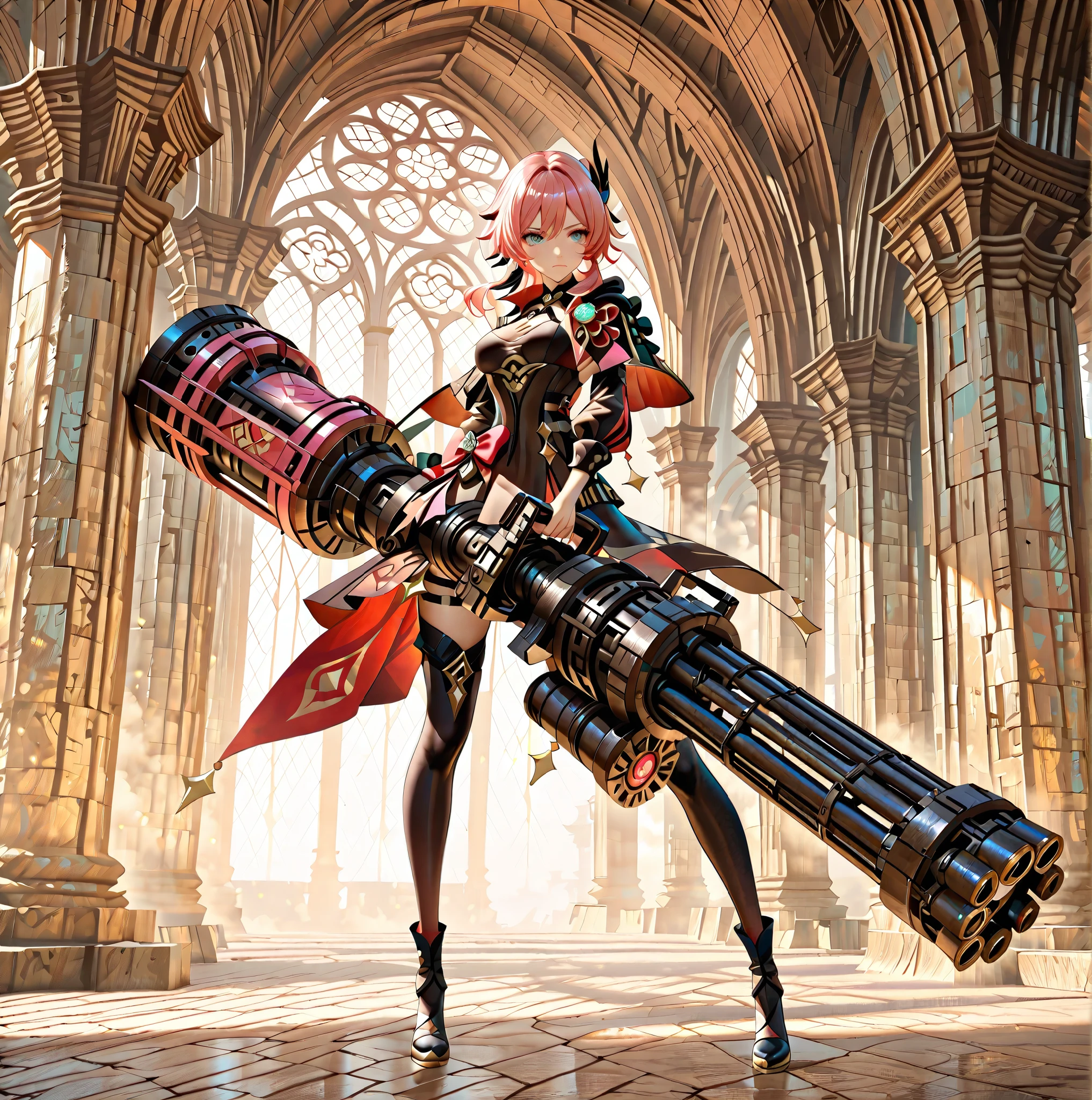 A full body photo shot of a beautiful and breathtaking image of a ((genshin-Impact-🔫) ) (woman) wearing white and black with intricate pink pattern details, she is holding two well crafted (minigun) with intricate details intricate markings, phot-shot studio in the background, ((standing her ground) ), posed, attentive, serious demeanor, This full body image is a one of a kind unique (poster) , highly detailed, 8k sharp focus quality photorealistic ((masterpiece) ), blue detailed perfect eyes, beautiful perfect face, perfection, perfect symmetry