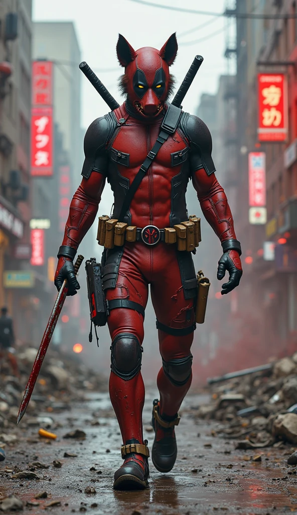 A superhero with a red motorcycle helmet on wearing his own unique red super hero suit with black stripes and cut off sleeves and a V symbol on the chest. His arms have many tattoos and he holds a katana made of ink. he is standing in a rainy background