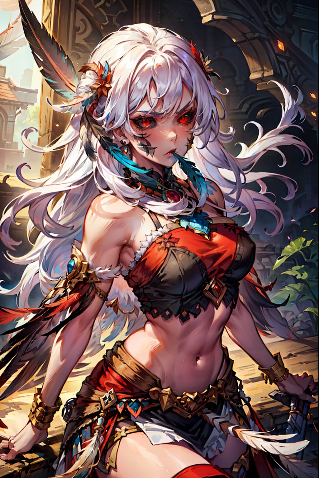(extremely detailed CG unity 4k wallpaper),(best illustration),(best shadow),(absurdres), black sclera, red eyes, Pale Skin, Shoulder-length hair, messy white hair, lithe figure, medium breasts, angry expression, mouth open, feather skirt, tribal feather ornaments, tribal feather bralette, Spear,
