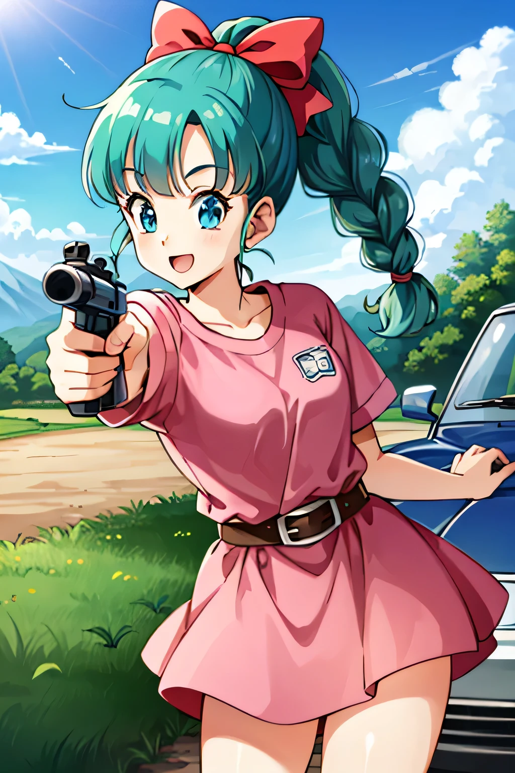 Masterpiece, top quality, Ultra Detailed, 8K, 1 girl, dragon ball, blmmid, aqua hair, medium hair, blunt bangs, red hairband, medium breasts, pink shirt, pink skirt, belt, smile:1.1, hair ribbon, braided ponytail, looking at viewer, weapon, holding gun, Aim for, (aiming at sky), battlefield, small car
