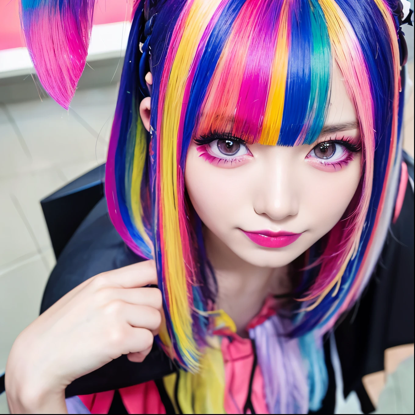 high quality, realistic、HD, realistic、8k、 masterpiece, Thorough.Impressive、 alone、 Supporters 、 Supporters 、 cutting-edge photo portrait of a woman with colorful hair gathered in a high position 、 Happy expression 、Eyes on the one you love、 yellow、 pink, Purple and, (( her multicolored hair is high and cluttered、Mr.々Hair color:1.3)) 、Her bright makeup is very eye-catching
