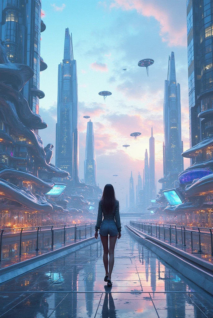 Brightly colored abstract aerial view image of a futuristic city, futuristic flying cars, epic beautiful space sci-fi, chaotic cinematic space rift, Greg Beeple, planets colliding, Beeple and Tim Hildebrandt, Beeple and Jean Giraud, end of the universe, galaxy space sci-fi, ringworld, by Mike "Beeple" Winkelmann. Matrix style, Matrix cascading code, a futuristic twin tower skyscraper with a unique twisted design, (OLED GUI interfaces in the building), at night, (1girl, solo), photo realistic, large-breast:1.2 body, cleavage, off broken mini sling-shirt and black sling bra, miniskirt,  (matrix style black micro sunglasses), (holding a short gun), very low view, half-body thigh level medium shot, cinematic lighting, ray tracing.