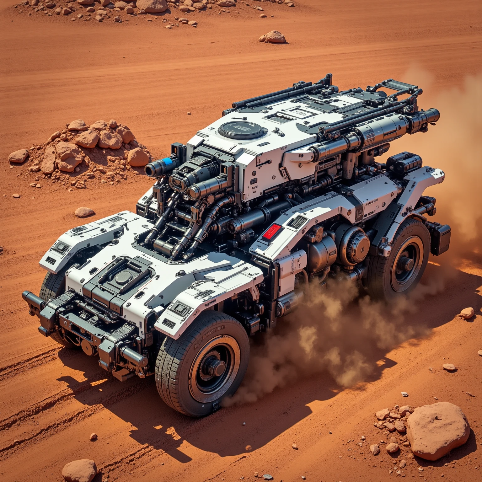 "Realistic, seen from above, locomotiva branca powered by a large single track, armada com um pequeno canhão longo de calibre 120 mm em cima dThe locomotive, futurist, white. dusty due to the sandy terrain, reddish color, terreno Realistic com pedras e areia com coloração avermelhado o solo de Marte, The locomotive, with technological details and evident mechanical structures, é robusto e de design futurist, and bright blue or red LED details. The locomotive possui mecânicas visíveis motores e sensores avançados. Its metal structure and reinforced panels. dThe locomotive, powered by a large single track, Your movements raise a lot of dust"