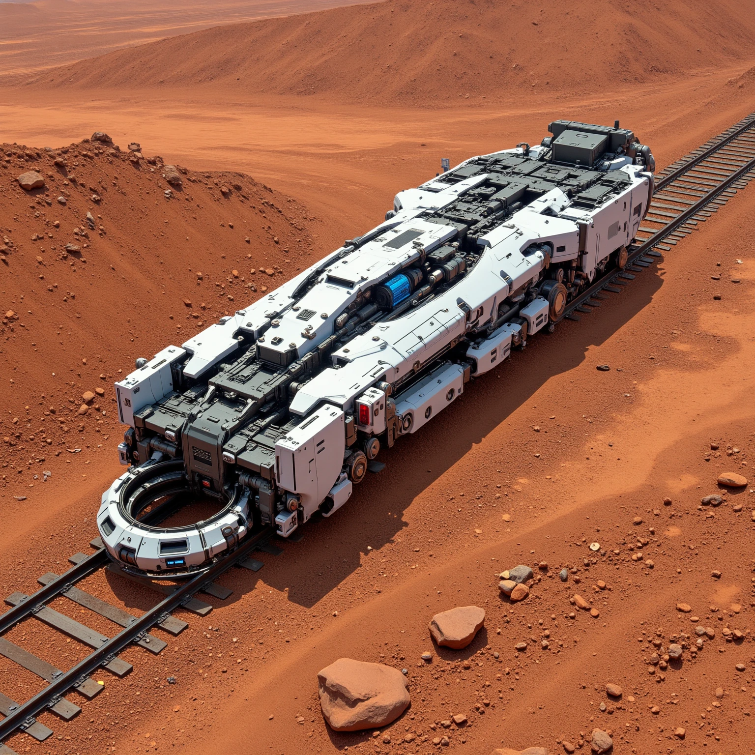 "Realistic, seen from above, locomotiva branca powered by a large single track, armada com um pequeno canhão longo de calibre 120 mm em cima dThe locomotive, futurist, white. dusty due to the sandy terrain, reddish color, terreno Realistic com pedras e areia com coloração avermelhado o solo de Marte, The locomotive, with technological details and evident mechanical structures, é robusto e de design futurist, and bright blue or red LED details. The locomotive possui mecânicas visíveis motores e sensores avançados. Its metal structure and reinforced panels. dThe locomotive, powered by a large single track, Your movements raise a lot of dust"