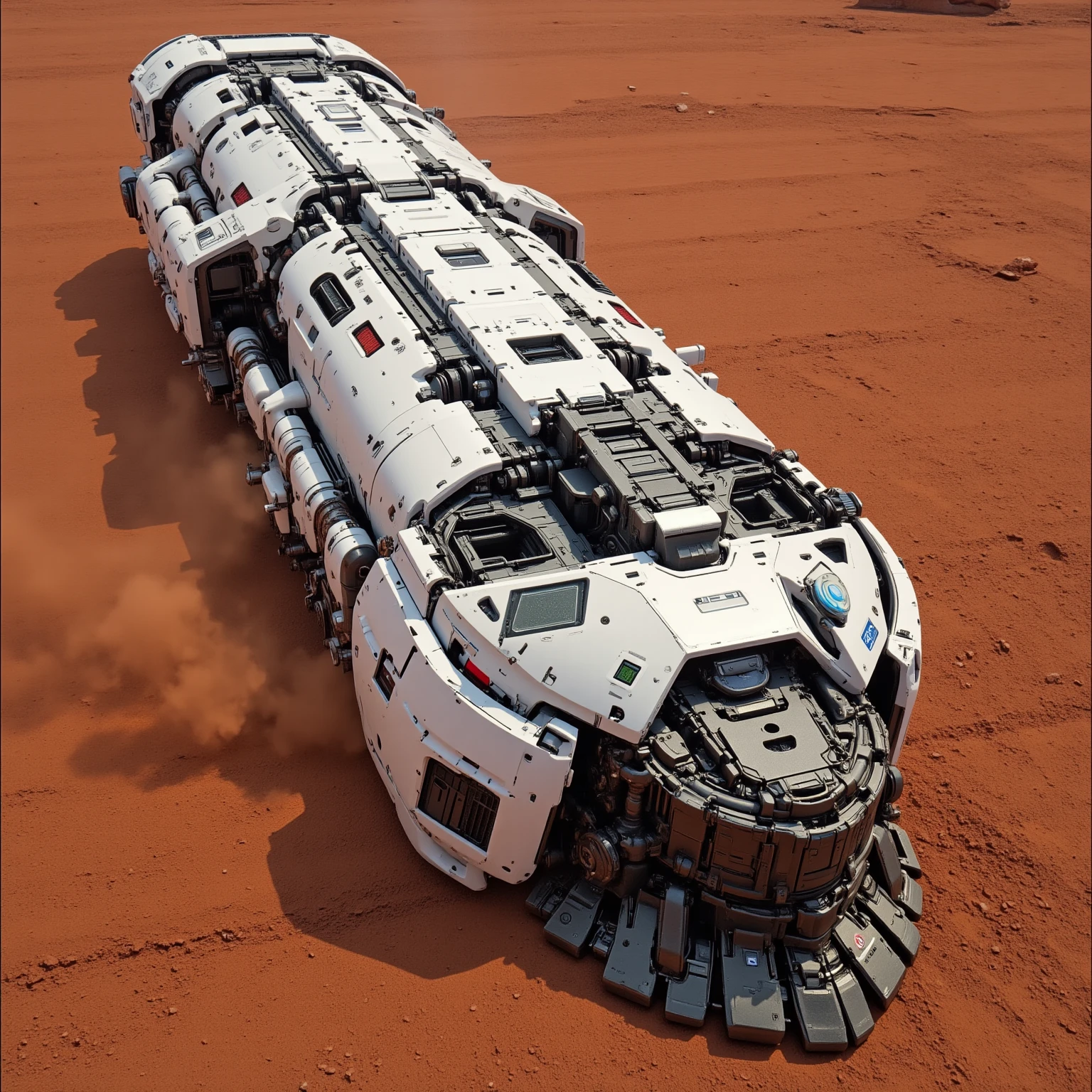 "Realistic, seen from above, locomotiva branca powered by a large single track, armada com um pequeno canhão longo de calibre 120 mm em cima dThe locomotive, futurist, white. dusty due to the sandy terrain, reddish color, terreno Realistic com pedras e areia com coloração avermelhado o solo de Marte, The locomotive, with technological details and evident mechanical structures, é robusto e de design futurist, and bright blue or red LED details. The locomotive possui mecânicas visíveis motores e sensores avançados. Its metal structure and reinforced panels. dThe locomotive, powered by a large single track, Your movements raise a lot of dust"