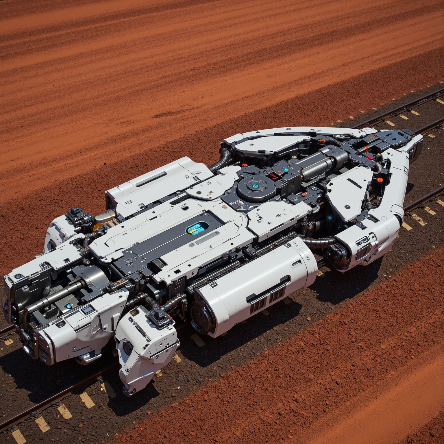 "Realistic, seen from above, locomotiva branca powered by a large single track, armada com um pequeno canhão longo de calibre 120 mm em cima dThe locomotive, futurist, white. dusty due to the sandy terrain, reddish color, terreno Realistic com pedras e areia com coloração avermelhado o solo de Marte, The locomotive, with technological details and evident mechanical structures, é robusto e de design futurist, and bright blue or red LED details. The locomotive possui mecânicas visíveis motores e sensores avançados. Its metal structure and reinforced panels. dThe locomotive, powered by a large single track, Your movements raise a lot of dust"