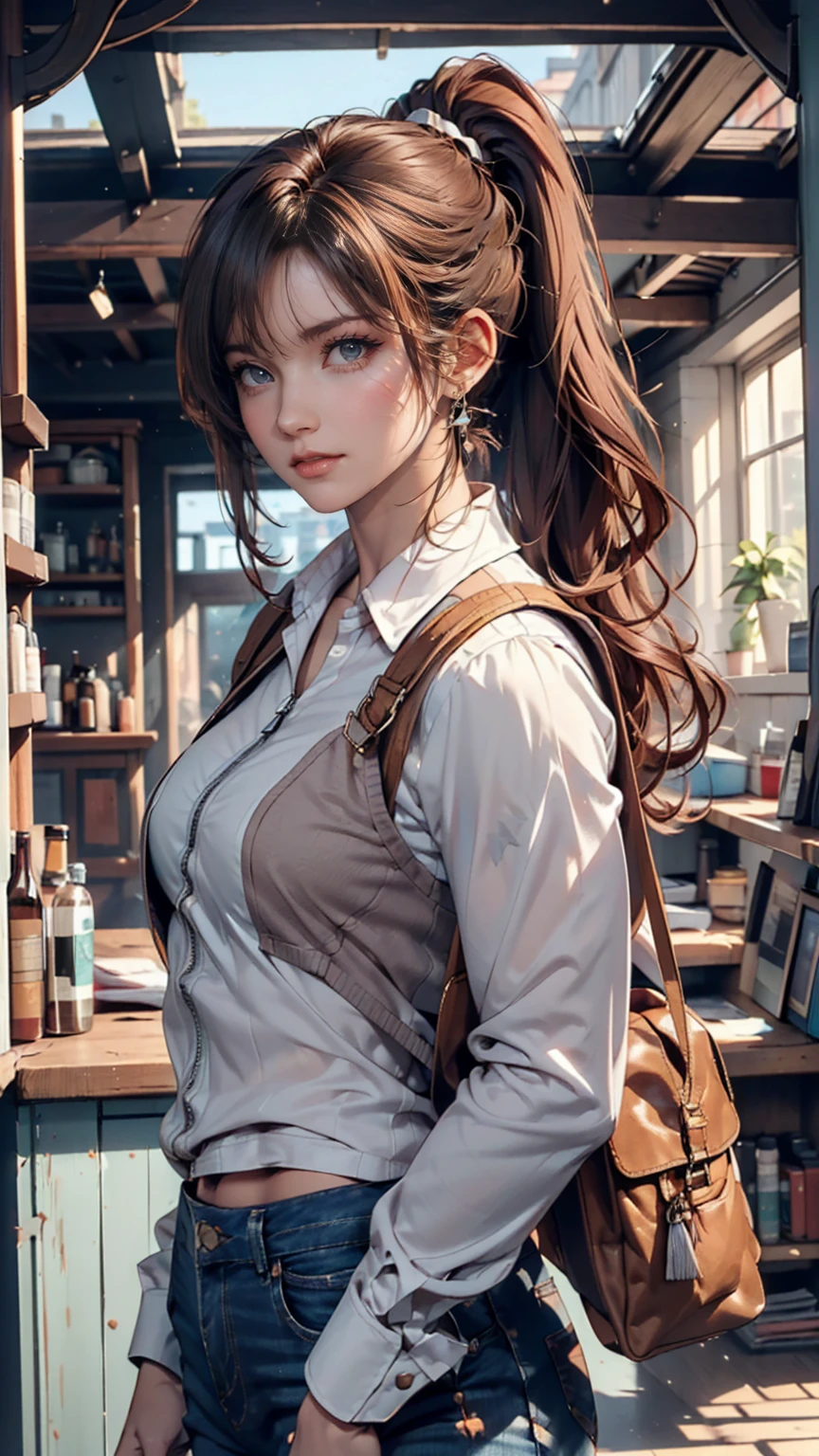 (draw) ((masterpiece, top quality)) (character design sheet, same characters, Front, side, return, There are words written all around) Long Women, Redhead with ponytail hairstyle, brown eyes in the oral vagina,  I'm wearing a bulletproof vest ,  long sleeve zippered shirt, White shirt and jeans, returnpack, Stand and relax