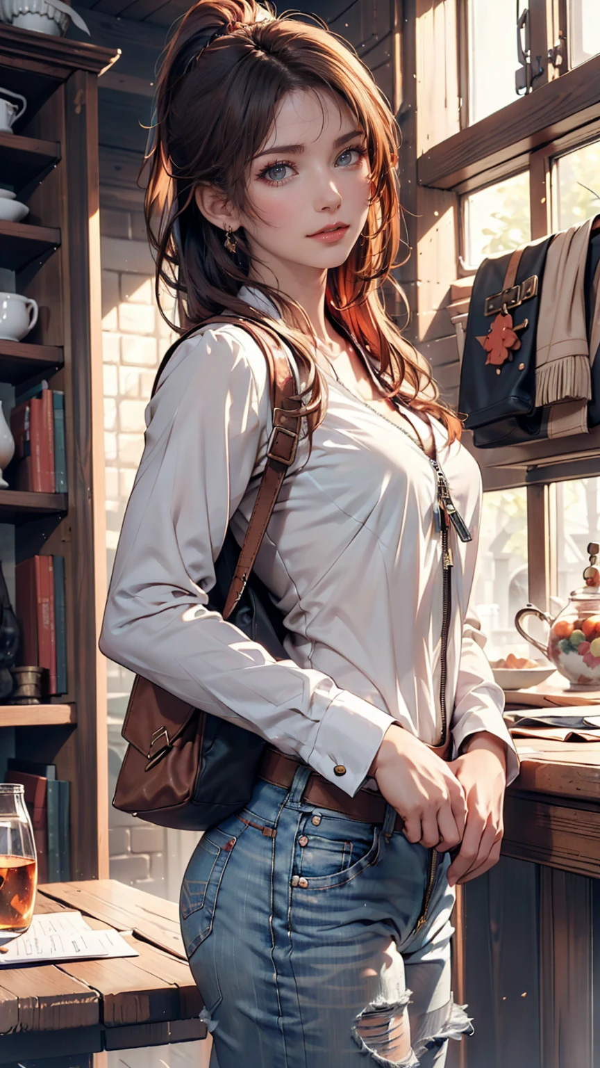 hange from the anime Shingeki no Kyojin, wearing glasses, shoulder length hair, brown hair, ponytail, ponytail, beautiful, beautiful woman, perfect body, perfect breasts, wearing an oversized brown t-shirt, short jeans, wearing a handbag, watch, wearing earrings earrings , cozy shop there , department store , ponytail , looking at the viewer , slight smile , realism , masterpiece , textured leather , super detailed , high detail , high quality , best quality , 1080p , 16k