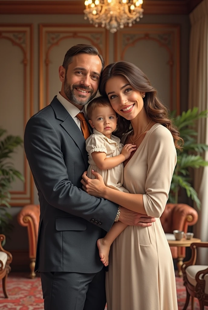 A beautiful family portrait captured in this image showcases a man, a woman, and 3 girl children age above 20
. The man is standing behind the woman, who is sitting on a chair, while the child stands beside them. The man and woman are elegantly dressed, with the woman wearing a white dress and a necklace, and the man wearing a white shirt. The woman is also wearing bracelets and the man is wearing slippers. The background of the portrait is simple, allowing the focus to remain on the loving family moment captured in the painting. The colors in the image are warm and inviting, adding to the overall charm of the scene.