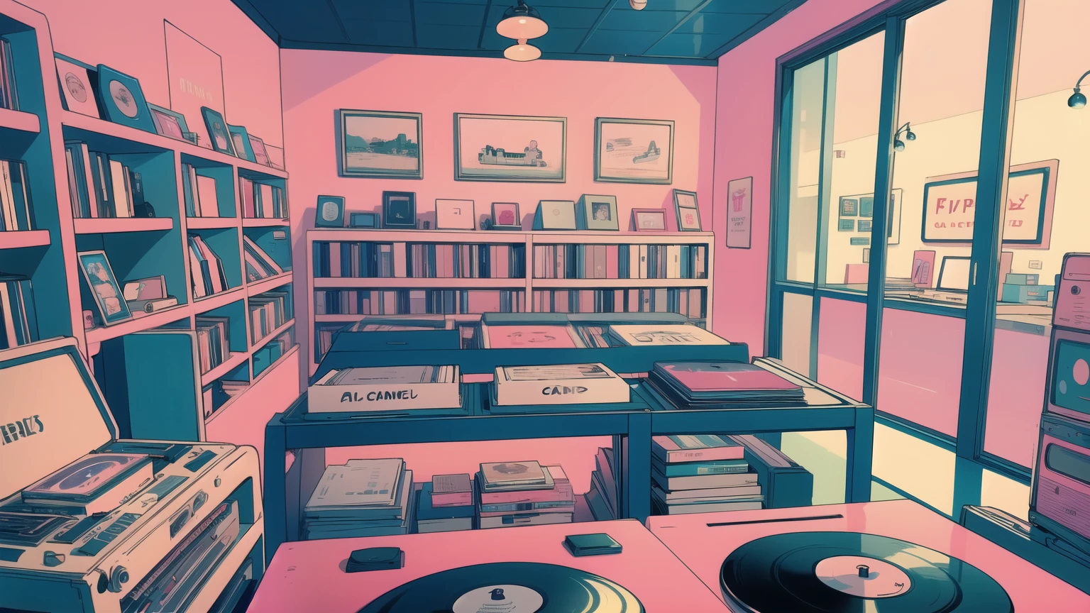 Inside a retro record store, pastel hues of blues and pinks set a nostalgic tone. Vintage VHS-style distortions give the scene a lofi charm. The air is filled with the rich sounds of vinyl records playing classic tunes. Customers browse through shelves, discovering hidden musical gems, turning the record store into a sanctuary of musical bliss