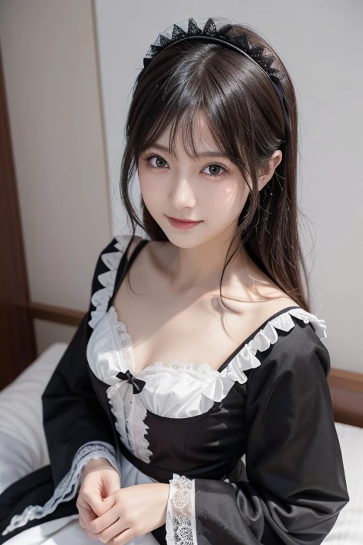 Best quality at best, tmasterpiece, A high resolution,the maid outfit, small, Small under breasts, 鎖骨, Off-the-shoulder delicate face, actual, Real people, (highdetailskin: 1.4), Slr, gentlesoftlighting, high high quality, photore, A high resolution, Background bed, The beautiful,Selfie perspective,The beautiful,The cleavage is tempting,