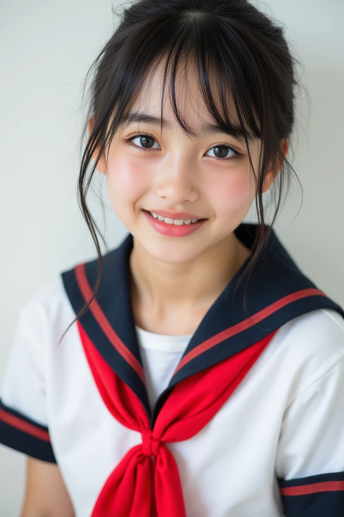 One Girl , , Smile, , Tabletop, highest quality, detailed, upon, , Sailor ,Innocent face,Teenage Girle,、Baby Face , outside, On the way to school, (thin:1),Japanese, Small breasts, Vulgarity, The wind is blowing