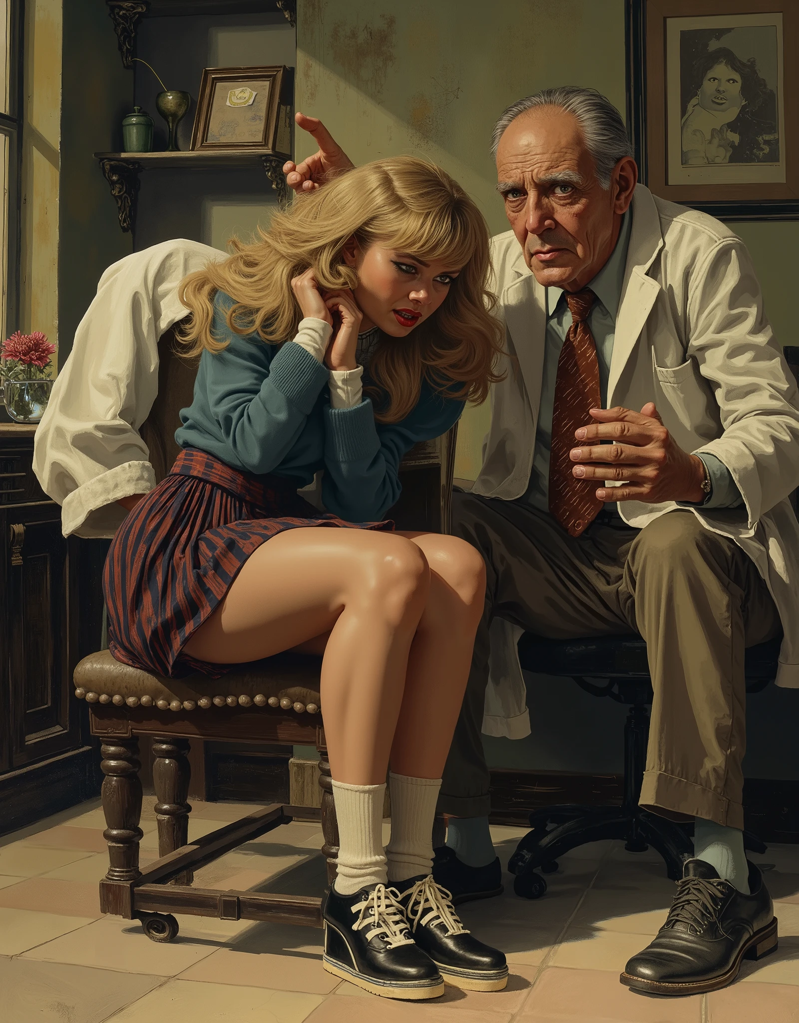 Coquettish All American lady in pleated skirt and sweater, white ankle socks, black and white shoes, facing camera, she has blonde hair, biting her bottom lip in pain, over and getting examined under her skirt by an old perverted doctor, his eyes are wide, has on rubber exam gloves, extremely erotic, NSFW, detailed, intricate, naughty aesthetic, pin-up vibe, Wally Wood, Steranko, Frazetta, old family doctor's office, Norman Rockwell aesthetic, satirical twist, detailed, lurid vivid colors, white panties