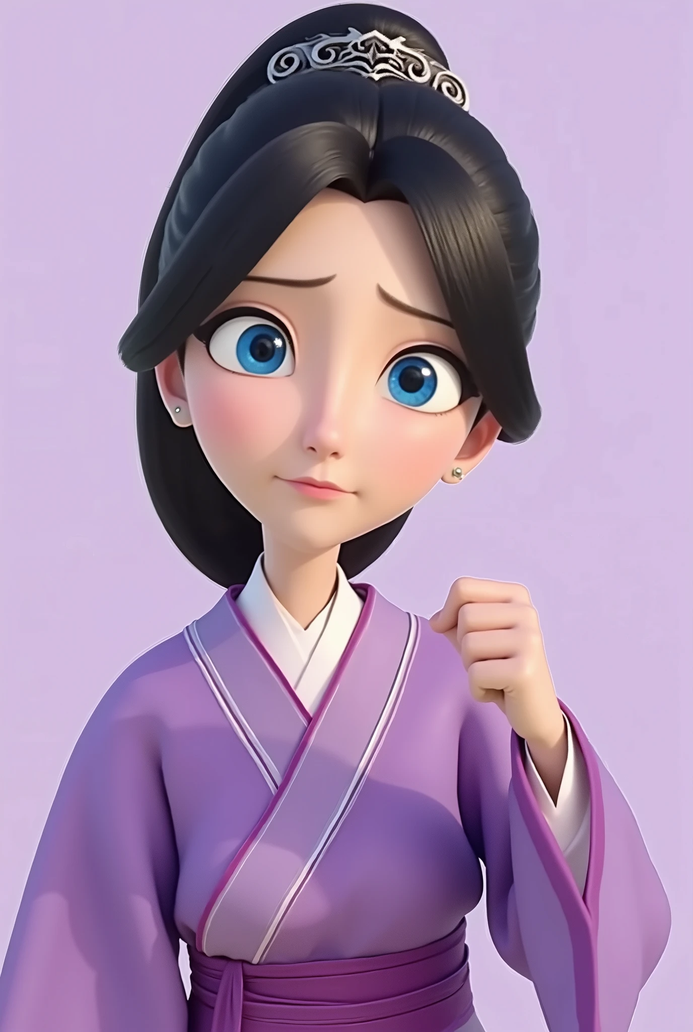 nzyfr,cartoon of a woman with long dark hair tied in a ponytail. wearing a purple dress with a purple scarf around her neck. Her hair is gathered at the back. Blue eyes、Black eyebrows . her hands are raised in the air . Her left hand is raised in front of her face. The background is lavender .