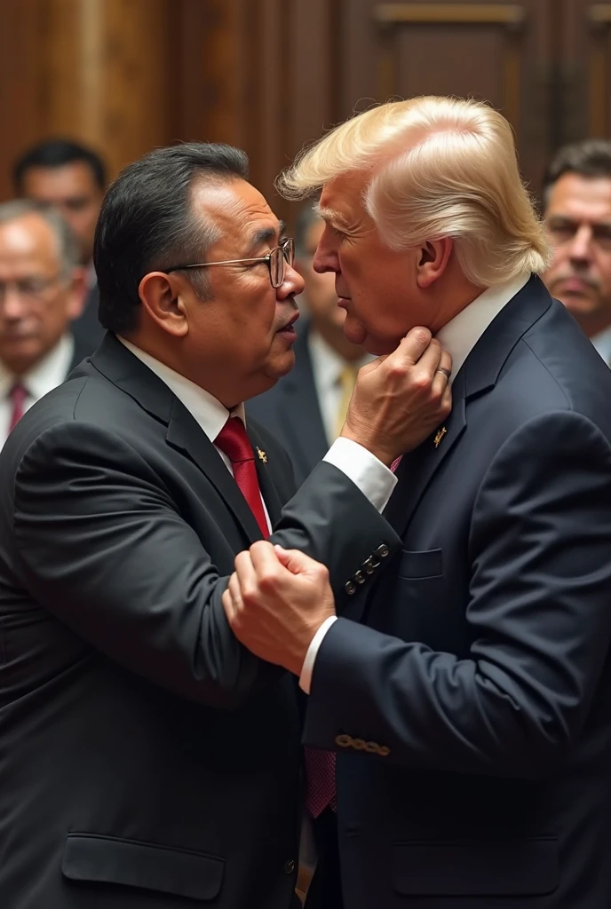 ((best quality)), ((masterpiece)), (detailed), perfect face amlo (mexico president) kissing kim yung (chinas president)

