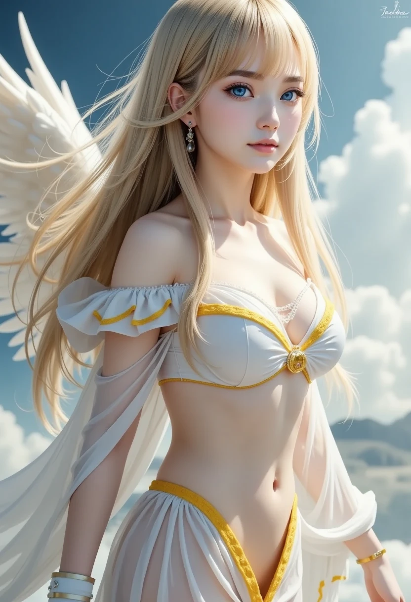 (masterpiece), best quality, expressive eyes, perfect face, (greek ruins in the sky background), (flying), (closeup view), (smirk), (1girl, age 18+, Belle Delphine, fair skin, blonde hair, straight hairstyle, blue eyes, hourglass figure, thin body, skinny body, petite_body, small breasts, wide hips, thick thighs), (white strap v-neck minidress, exposed cleavage, sleeveless, white fishnet stockings, white angel wings on the back, angel halo over head), belledel