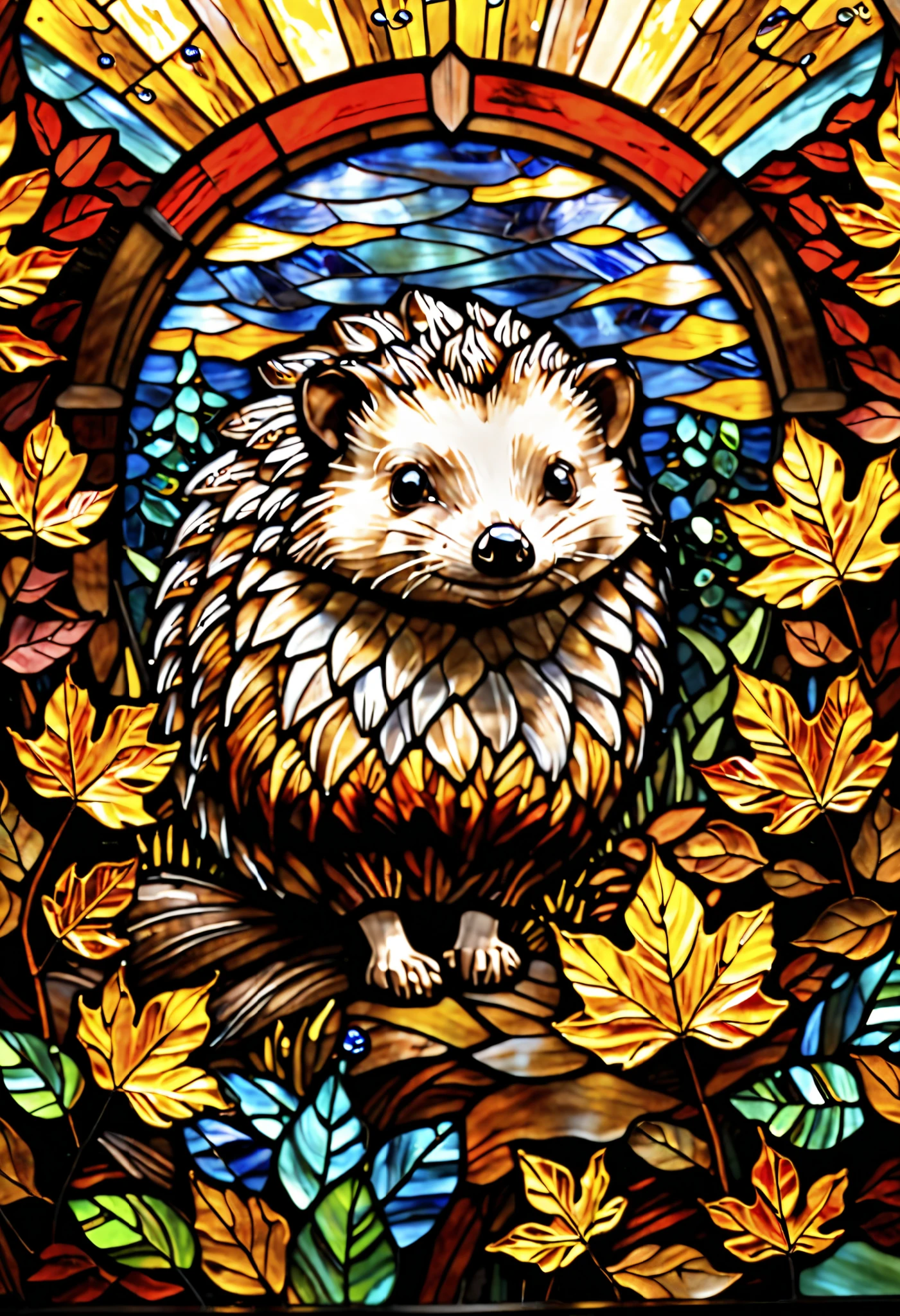 "A stunning stained-glass artwork featuring a single, adorable hedgehog nestled in a serene autumn forest. The hedgehog’s quills shimmer with intricate glass textures in soft chestnut, warm amber, and delicate pink hues, capturing its natural beauty. Its round, gleaming eyes radiate curiosity and innocence, making it irresistibly charming. The background is a gentle mosaic of golden sunlight filtering through intertwining branches, softly illuminating the scene without overpowering the hedgehog. The forest floor is adorned with muted, earthy-toned leaves in warm autumn shades of deep red, soft orange, and dusky green, creating a balanced and harmonious atmosphere. The stained-glass effect is refined, with subtle leaded outlines enhancing the artwork’s depth and elegance. The color palette is intentionally softened to ensure the hedgehog remains the focal point, blending warmth, nature, and tranquility into a mesmerizing masterpiece."