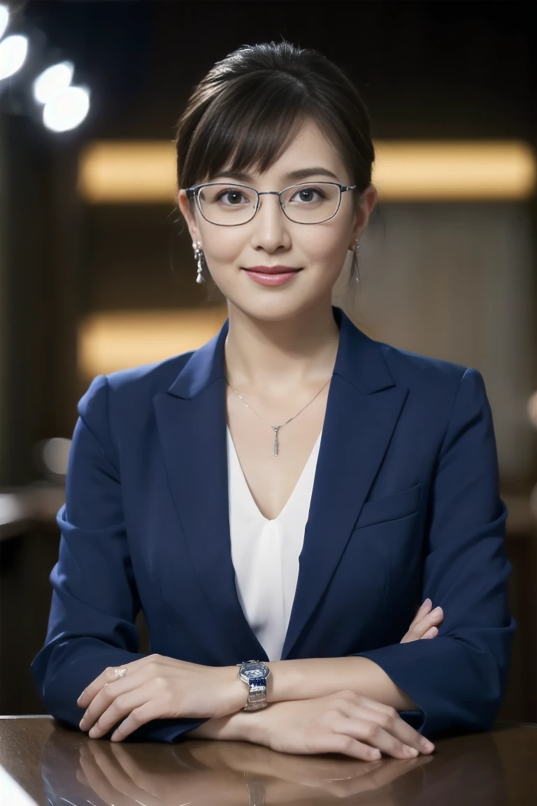 High resolution, Highly detailed photos, Hyper Real, Professional Lighting, Detailed bust, 8k wallpaper, Tabletop, highest quality, 1 girl, Beaver, (Looking at the audience), Dark blue suit, shirt, Silver-rimmed glasses, Earrings, necklace, mini skirt, large bust with good shape, Bokeh, Lower your arms