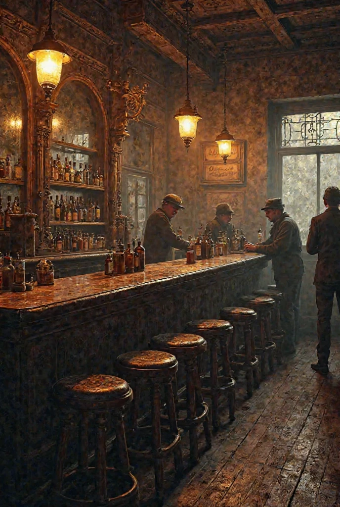 smoky pub, illustration by Jean-Pierre Gibrat, detailed background, indoors