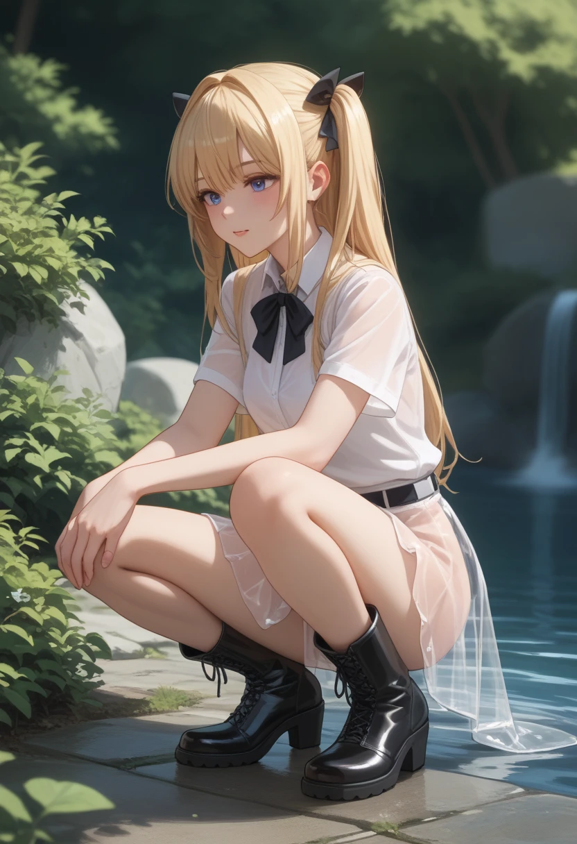 beautiful girl, cute, blue eyes, twin tail, blonde, black skirt, sexy underwear, teen, not breast , tiny breast, small breast, knee-socks, wet shirt, blush, blush face, young, little girl , full body