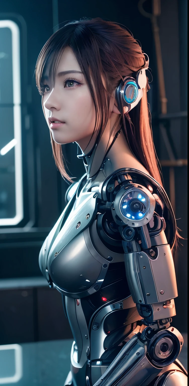 (realistic:1.4), (Raw photo),table top, highest quality, very detailed, (realistic:1.4), (8K, 4k, highest quality, High resolution, 超High resolution:1.1), 8K portrait,1 girl, Japanese アンdroid gid,Plump , announcer,Control panel,アンdroid,droid,view audience,mechanical hand, ,robot arms and legs, black hair,Machine body,dull bangs,white robot parts,perfect robot woman,charging spot,long tube,A thick cable was connected to his neck...,ceramic body ,Machine body, mechanical ear covers,アンdroid,robot humanoid,a little chubby,panties,full eyes,perfect machine body,white robot body,laboratory of the future,アンdroid factory,mechanical ear covers,white and light blue uniform,aqua accent costume,