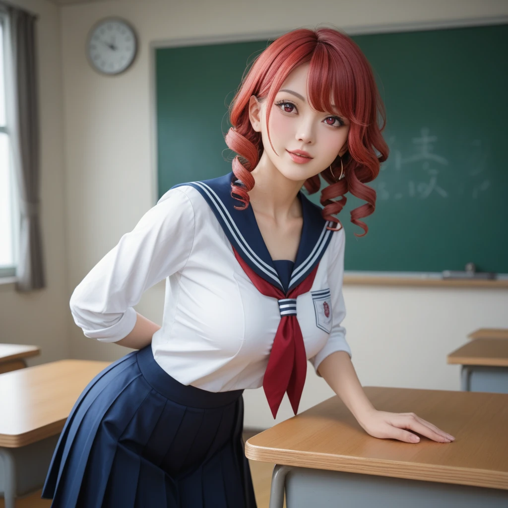 ((top quality, ultra-detailed, high resolution, extremely detailed CG, unity 8k wallpaper, by famous artist, perfect anatomy, super detailed skin, cinematic lighting, UHD, retina, anatomically correct, 1080P)), (Please draw a single one happy girl walking in a classroom school :1.3), ((1girl)), (Solo, face,13-year-old:2.0), a junior high school student, ((cute petit girl, chibi, babyface)) androgynous charm, (Medium hair, ((full red hair)) ((redhead)), pigtails, straight bangs, with a bow in her hair, ((very thin legs)), ((skinny legs, thin body, small build)), Full limbs, complete fingers, ((perfect fingers and hands)), flat chest, small breasts, childish body, small butt, groin, Beautiful detailed full yellow gold eyes, perfect eyes, sailor school uniform, ((blue skirt)) and white blouse, ((red bow on the blouse)), blue sailor collar, short sleeves, stockings, socks outlined with black stripe, shoes, (Detailed Lighting), ((classroom background)), (Detailed scenary background), ((in the school zone)), full body view, ((standing)), legs. Cute, kawaii single girl (one girl), full body shot. ((Background is the school)), front body, ((left hand up, right hand down)), ((little young 13 years old body:1.3))
