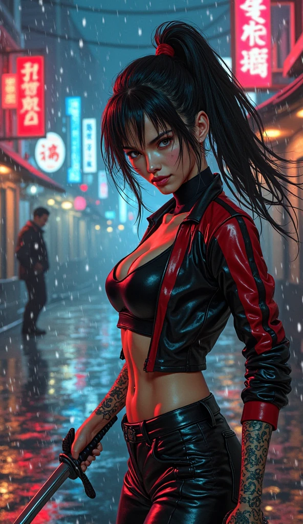 one asian girl, ada wong, solo, abs, slender body, (upper body, bust:1.2), black eyes, black hair, (small breasts, cleavage, deep cleavage:1.3), bare shoulders, masterpiece, highly detailed, look at viewer, (dark sky, rainy night background:1.2), (rain:1.3), heavy rain, water on the body
