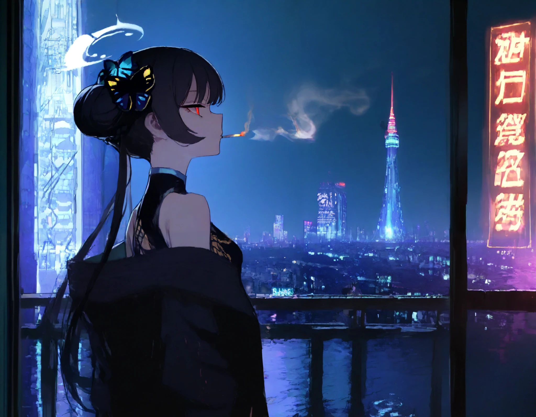 Sunrise, being on the balcony, smoking, long sleeves, white breath, winter theme, lazy dark circles under the eyes,looking away, ,Telephone pole, a small bird in the distance,
,kisaki (blue archive),,Cyberpunk cityscape ,The Tower of Babel shines in neon lights in the distance,Reflection, ripples, seaside, moonlight, score_9, score_8_up, score_7_up, source_anime, intensely saturated lighting effects, luminous reflections, HDR-like contrast, vibrant color palette,glowing lights, vibrant reflections, surreal lighting, HDR effect, cinematic vividness,r17329_illu,masterpiece, newest,absurdres, incredibly absurdres,1girl, solo, long hair, smoking, red eyes, cigarette, smoke, window, black hair, jacket, from side, off shoulder, bangs, bare shoulders, indoors, black jacket, fi