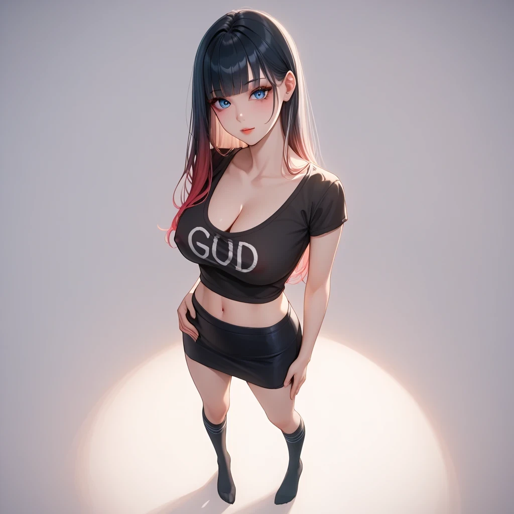 hand on own ass, ((pastel red black, hair, gradient hair), top quality、 Masterpiece、( Professional Lighting )、 surreal、 (Nipples:0.4), enchanting、 Slim waist、 1 girl with Korean makeup, (full body, (Head-to-toe shot:1.4), full body shot, from front, from above,), ( slightly larger breasts, midriff peek ), ( oily skin ), ( bright, beautiful blue eyes , (( Princess cut, long hair , layer cut )), ( black mini tight skirt , U-neck t-shirt, cleavage visible ,(( punk style fashion))) , ( bright光の中で目を細める美しい顔 ), knee-high socks, having sex in the woods