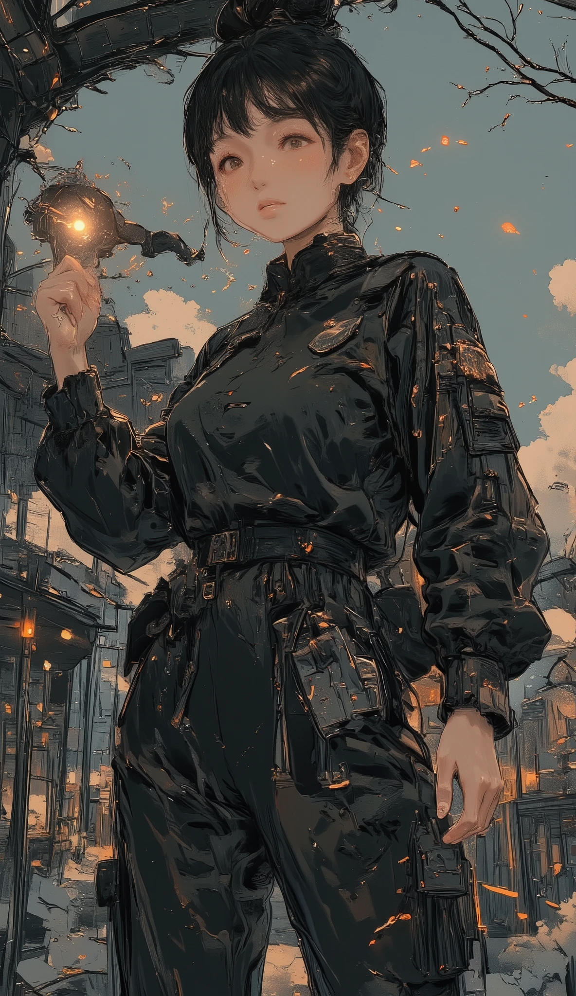 A woman in a black jacket and pants is kicking, Cool Poses , Fighting Game Characters, Powerful Stance , Fighting pose, Fighter Pose, fighting stance, Ashteroth, battle pose, in a battle pose, black anime manga girl , Aggressive Poses , King of Fighters character , high definition artwork , Black girl superhero with nerdy temperament , high quality character design , Power Pose