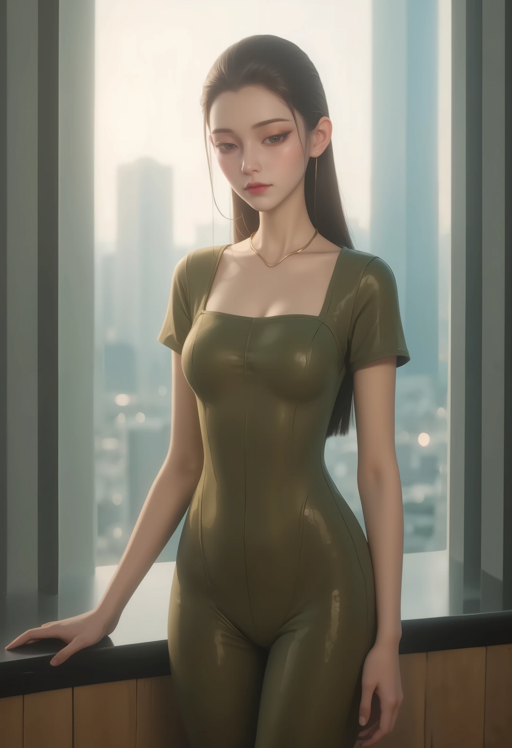 crane girl, This is a close-up of a young woman standing next to a large window,, you can see the city view. She is wearing a light olive green body suit , with a square neckline and short sleeves . The bodysuit appears to be made of elastic material . expression Neutral , Looking down slightly . Comfortable posture ,No smile. background blur, but you can see the modern look of the building through the window . The overall lighting is sunlight coming through the window