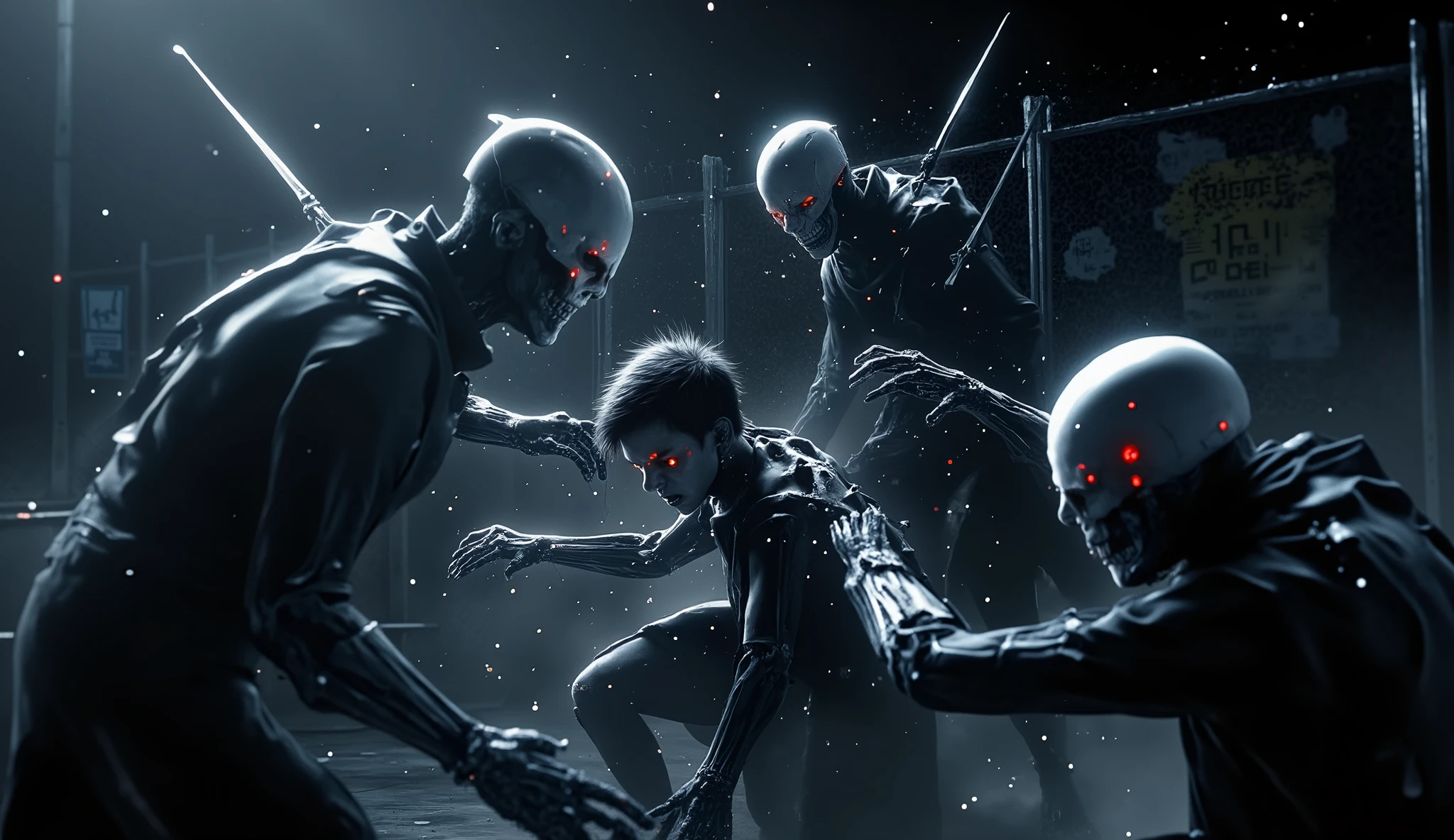 Three men with skeletons hitting a young boy in front of a futuristic fence at night.