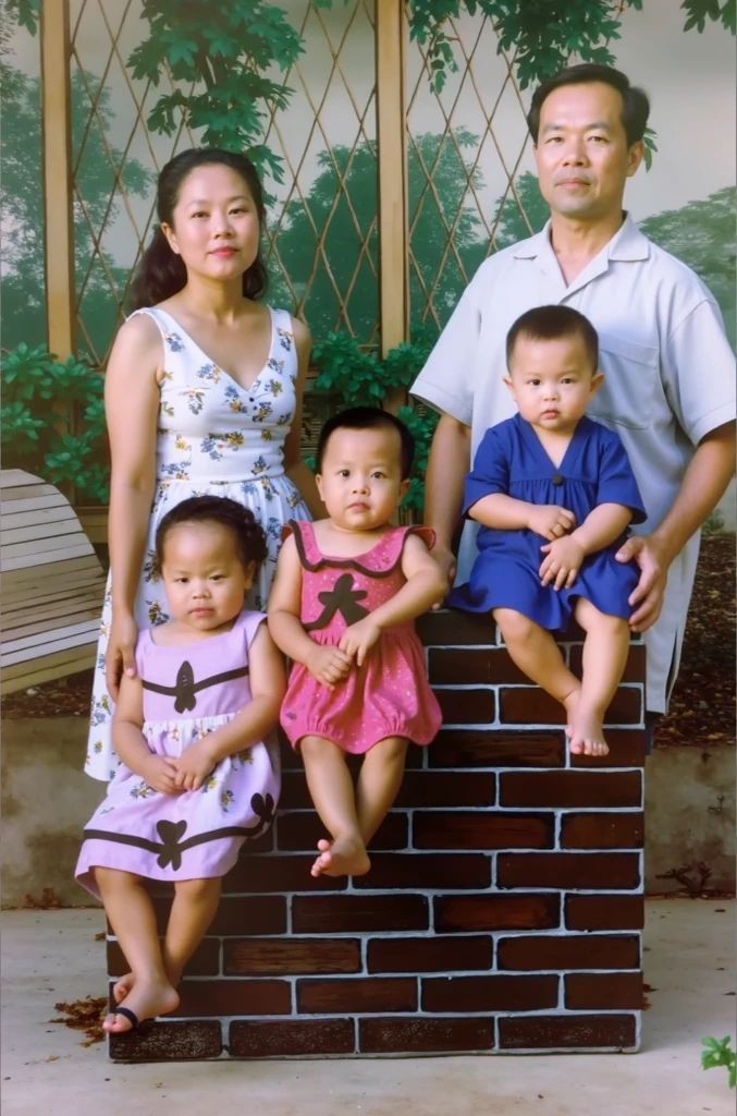 The image shows a family of five sitting on a brick platform in front of a decorative background with green plants and lattice work. The family consists of a mother, father, and three ren, with the ren dressed in colorful attire.