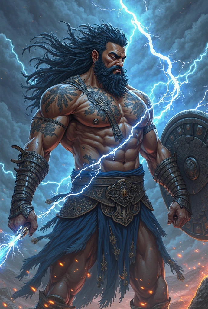 Thunder God assumed an imposing battle stance, electricity crackling in the air around him. The arena, once filled with vibrant colors, was now blurred and indistinct, as if shrouded in a thick fog. The Thunder God's hair and beard were as black as the night, their individual strands well-defined in the blurred surroundings. Intermingled with his black features was a blurred background, suggesting the chaos and intensity of the impending confrontation.
The time displayed on a large, 9:16 aspect ratio screen read "8:00 PM," adding a sense of urgency to the scene. The images on the screen were of ultra-high quality and incredibly