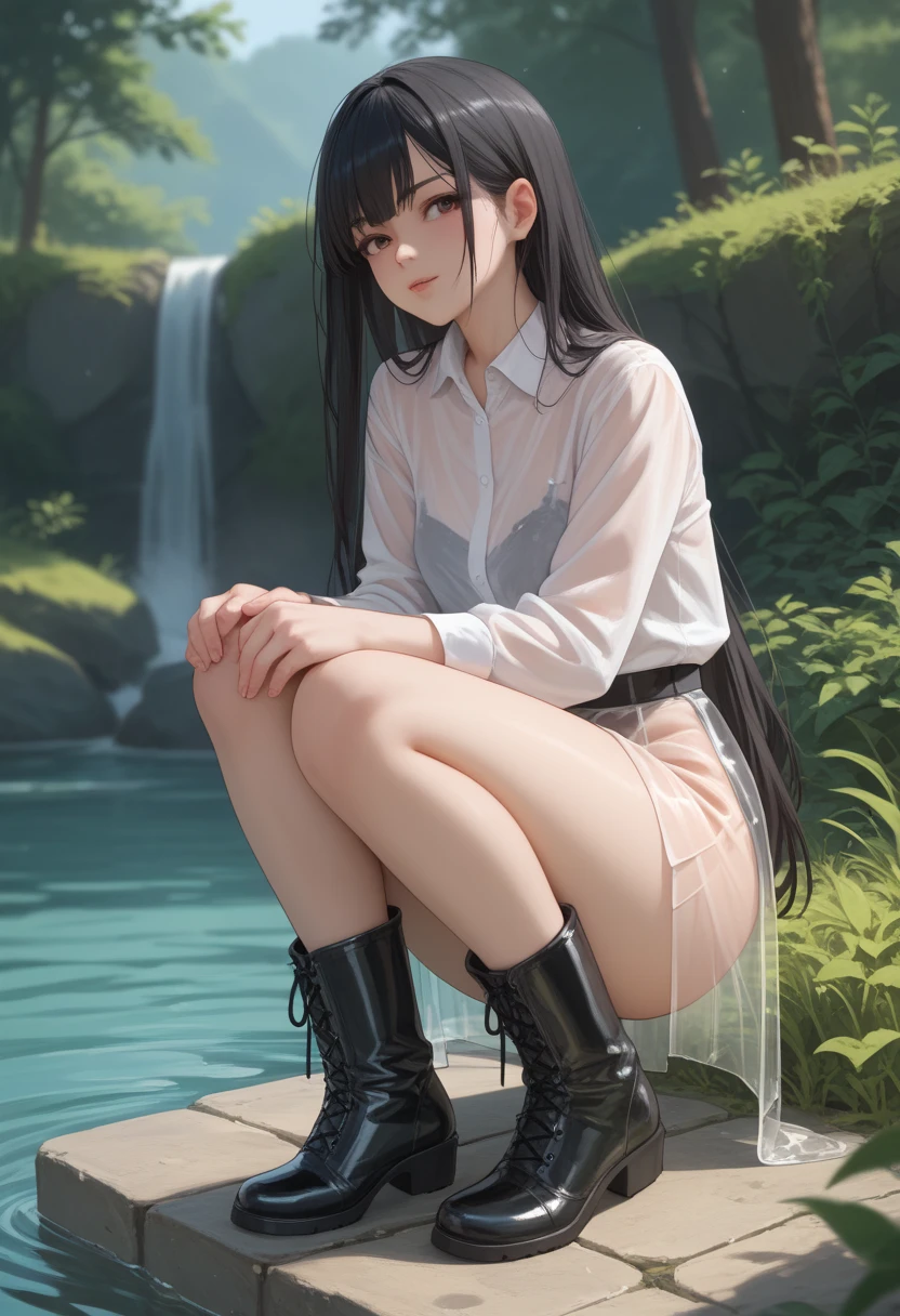 1 girl, sitting cross-legged, sexy seductive pose, (single, full body: 0.6, young, big breasts: 1.2), detailed face, Chinese woman in white dress, black tie and white shirt, close-up of woman sitting on bench by the lake, Korean girl, gorgeous young Korean woman in shirt with cute top, Chinese girl, beautiful Korean young woman, young cute girl, long hair asian girl, Asian girl, sakimichan, smooth white tights suit