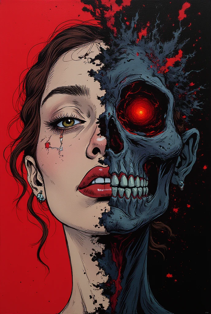 Generate an ink pen drawing with a black background canvas. In the center of the canvas, draw a thick red vertical line that extends from the top to the footer of the canvas, serving as the background element. Above this red line, depict a side view of a human face skeleton. Below the red line and in front of it, draw a front view of a human eye. Ensure that the red line touches the footer of the canvas to create the desired effect.