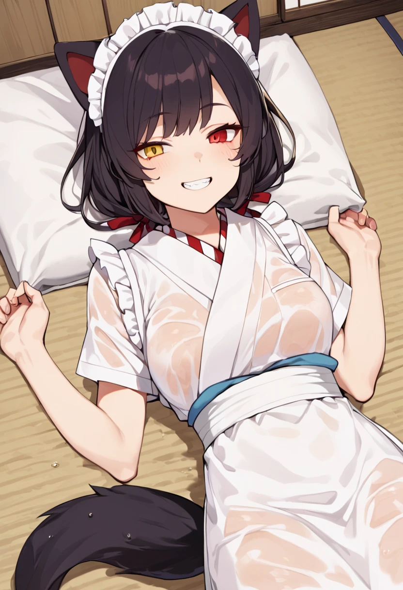 (beste-Qualit, 8K, 12), 1 girl, kaguya, black hair, the perfect body, ultra detail face, detailed lips, Excited, convex areolas, (((very small boobs))), red ribon, red eyes, (((naked))), ashamed, from above, kneeling, mans pov, nipples, bed