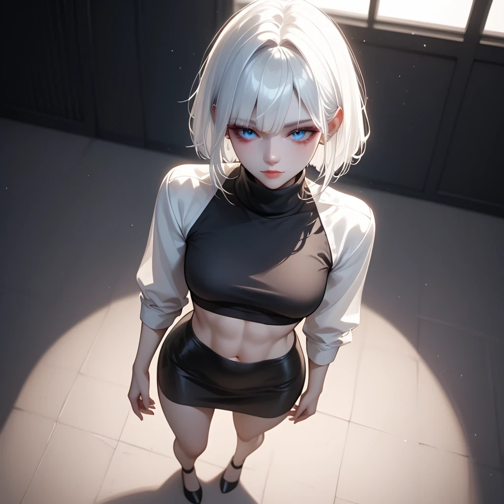 ((((masterpiece, best quality, high resolution)))), (1girl:1.5), ((short silky hair, white hair, purple eyes)), (medium breasts:1.2), blush, (cheeky smile, parted lips), glow, thighs, bare shoulders, collarbone, narrow waist, (slender body figure), (beautiful detailed face, beautiful detailed eyes), ((Black crop top, open waist)), looking at viewer, ((centered shot, from front,(face and waist)))