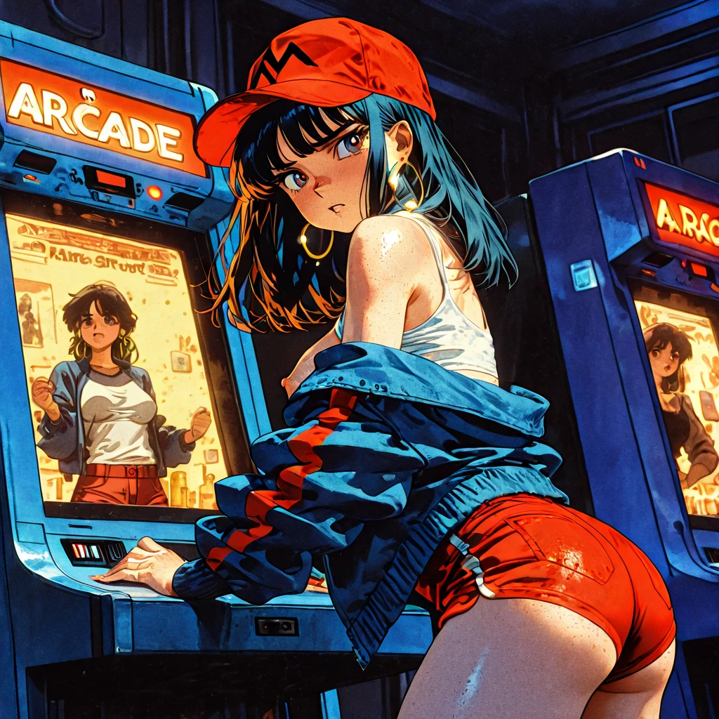 matsuura kanan, sexy micro bikini, striped bikini, bracelet, sexy, standing,in arcade, emotionless, playing arcade,(bent over arcade machine:1.2), sweating,(sweat drops:1.3), soaked in sweat, curvy body, from behind,ass, exposed ass,ass up,ass grab , netorare , pov hands ,grabbing
