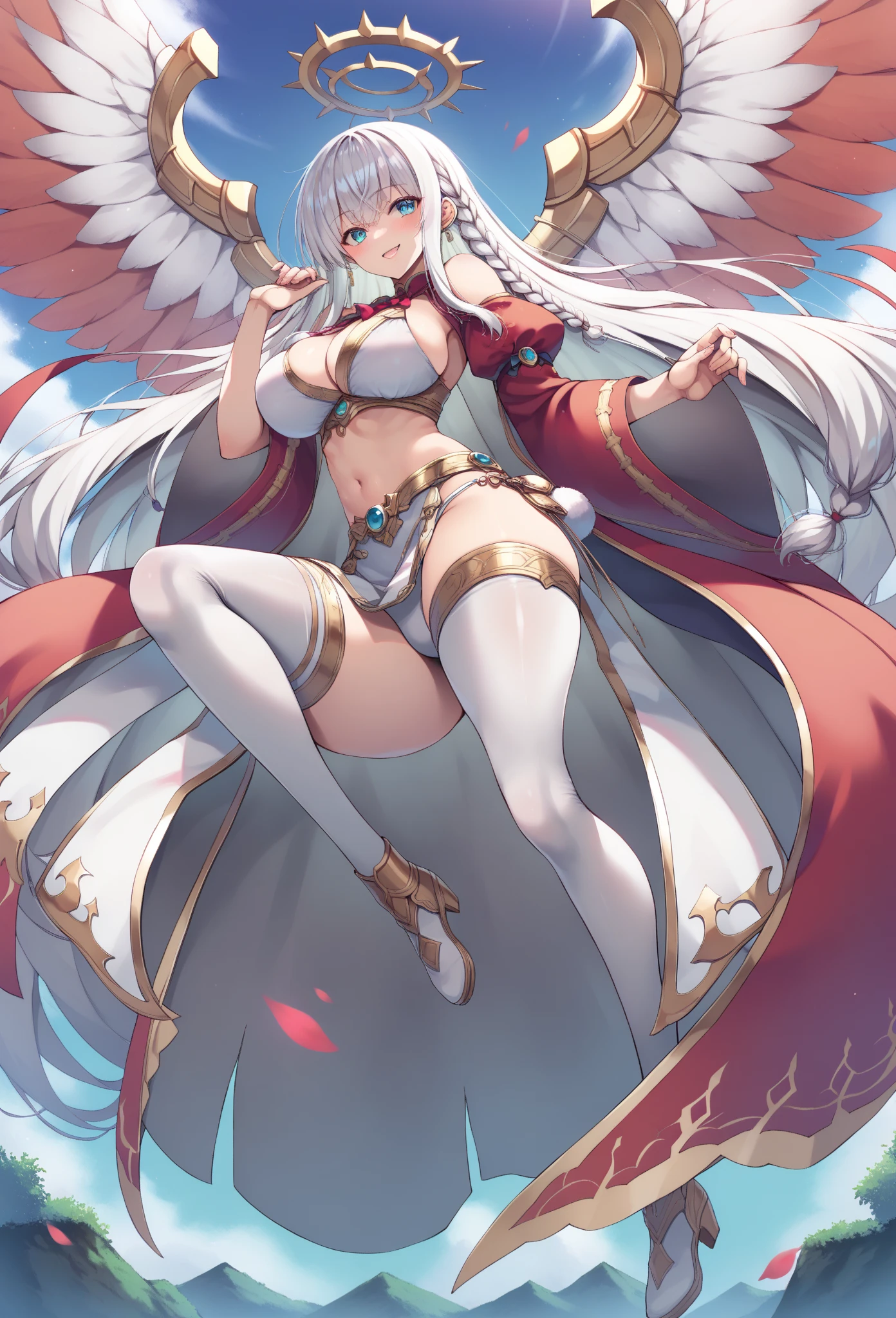 translucent, Good velvet quality, Compared, Divine Light,, Silver gray hair, Sky background, Absolute Strength,Female angels,Wings with the right proportions,Wear sexy bikinis的女孩, at the seaside, Colorful jewel-like eyes.,Large Breasts,Full breasts,Golden ratio figure,Perfect body,Ultra wide-angle shooting,Full body shot,Body close-up,Look at the audience,, Wear sexy bikinis, Model shooting style, Large Breasts,Full breasts,Golden ratio figure,Perfect body,(Extremely detailed CG 8k wallpaper unit), The most beautiful artistic photos in the world, , 8K Ultra HD, soft light, high quality, Film Grain, Fujifilm XT3 Clear focus, f 5.6, High Detail, Clear focus, Dramatic, (Wearing openwork clothing), (Looking at the audience:1.8), (Natural light), (Tempting)