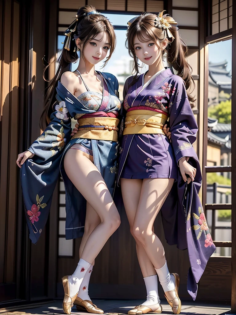 Japanese cyberpunk high fashion of Oiran kimono cool girl, kimono punk, kimono bondage fashion, cyberpunk, pink and blue neon color, full body standing
