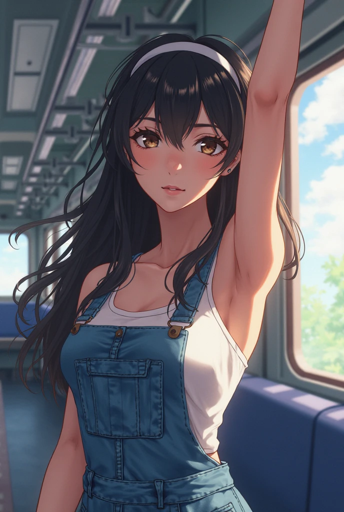 ((perfect anatomy:1.2,realistic:1.3,RAW Photography:1.3,masterpiece、highest quality、Ultra - High resolution、High resolution、Highly detailed CG、8K)),cowboy shot,1 female,solo,18 year old beauty, Japanese、((beautiful detailed face and eyes:1.2,big gorgeous eyes:1.2,crying,)),dark brown  hair,long hair,bangs,medium breasts,slender body,small head:1.5,skinny,(brown skin:1.6),(oily skin,gleaming skin,shiny skin,sweat),(Oversized white T_shirt,white micro shorts、white socks、black loafer shoes),on the train,Tokyo、at night、