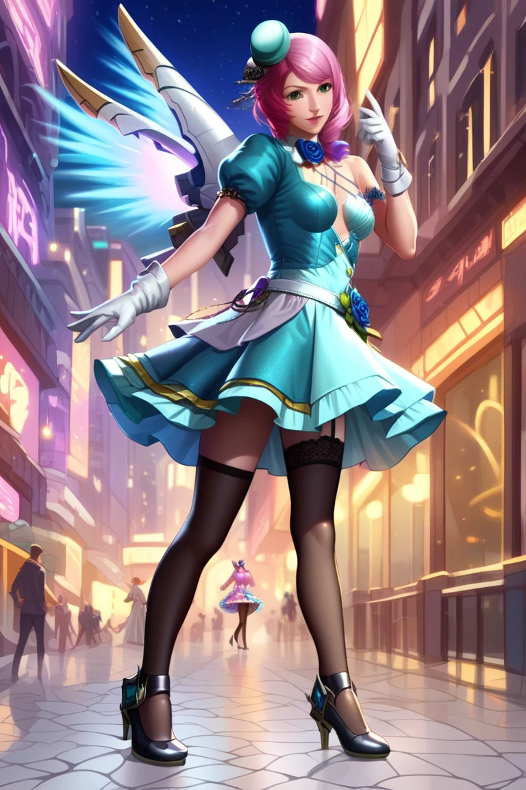 Smiling confidently, blue eyes, blonde hair, makeup, (extremely detailed CG unity 4k wallpaper),(masterpiece),(best quality),(ultra-detailed),(best illustration),(best shadow),(absurdres),(detailed background), Contemporary setting, Park, Short blonde hair (unkempt and messy), Sundress, High heels, standing, Hands on hips,