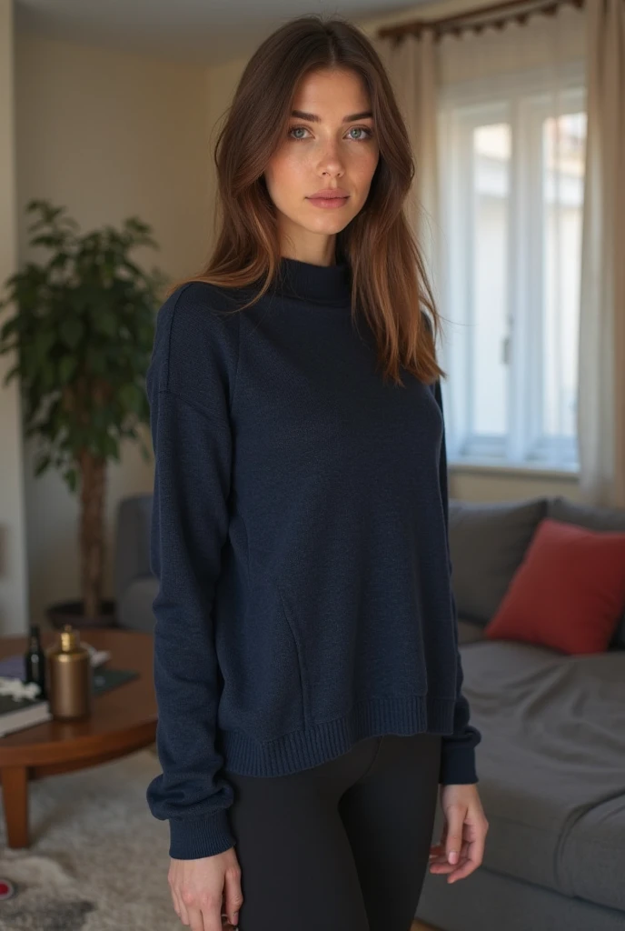 Extremely realistic blonde Russian girl with blonde hair and blue eyes, wearing a dark blue jumper, entire body, pic from far away