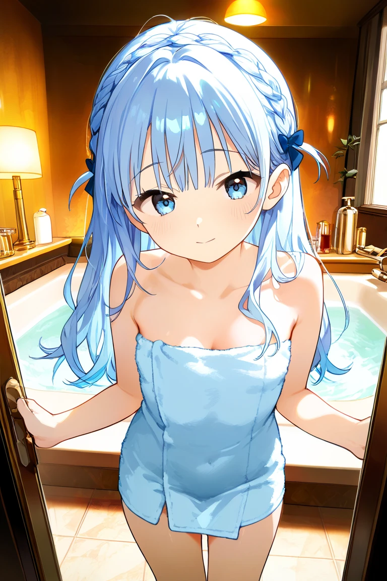 (Ultra bright color, Masterpiece, Best quality, blossom, Warm, soft light, modern, Hi-tech), 1 girl, One, standing, (In the shower background:1.4), beautiful detailed face, slight smile, (blue) Medium hair, (detailed (blue) Ruby eyes), young, blue tie, small breasts, fully naked, only in the locker